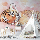Watercolor tiger mural creating a peaceful atmosphere in a child's reading nook