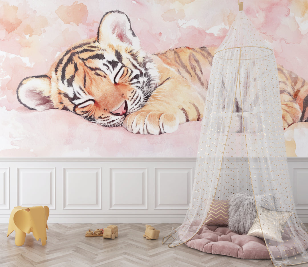 Tiger cub wall mural in a playroom with natural lighting