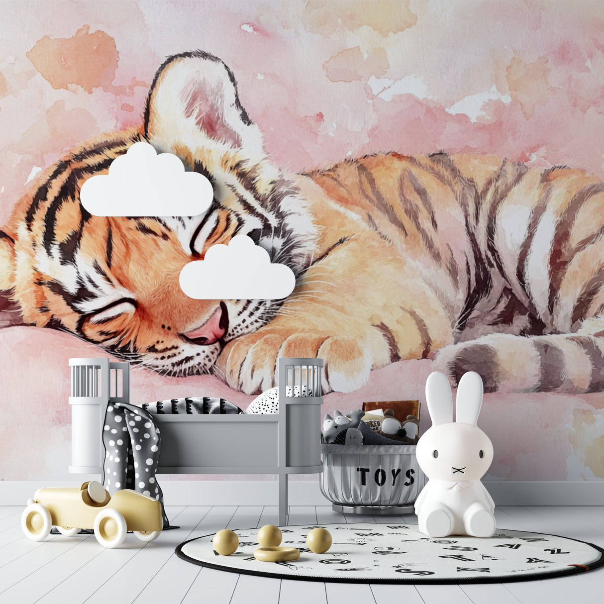 Watercolor tiger wallpaper making a statement in a minimalist living room
