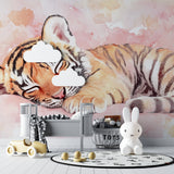 Watercolor tiger wallpaper making a statement in a minimalist living room