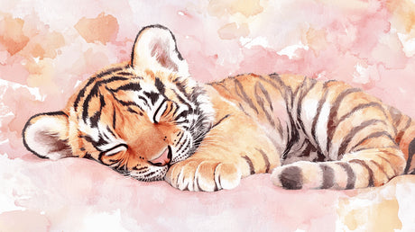 Sleeping tiger cub watercolor design file showing delicate brushstrokes and soft color palette