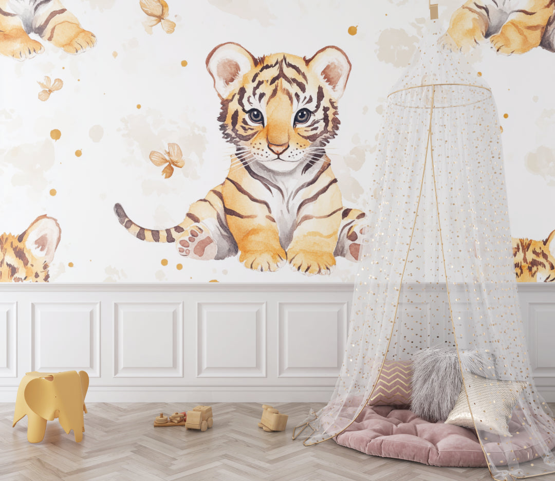 Baby tiger wallpaper in a cozy nursery with soft lighting and wooden furniture