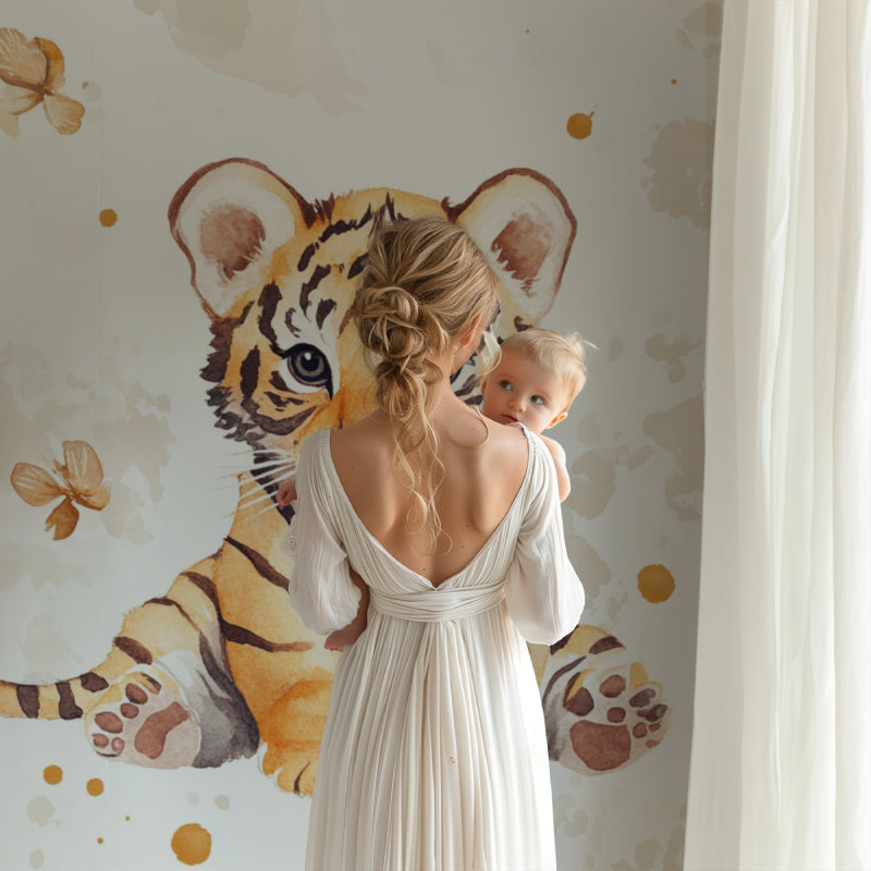 Tiger cub mural creating a sweet atmosphere in a child's reading nook