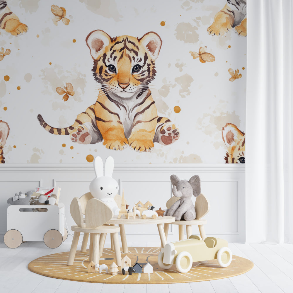 Watercolor tiger wallpaper brightening up a baby's changing area