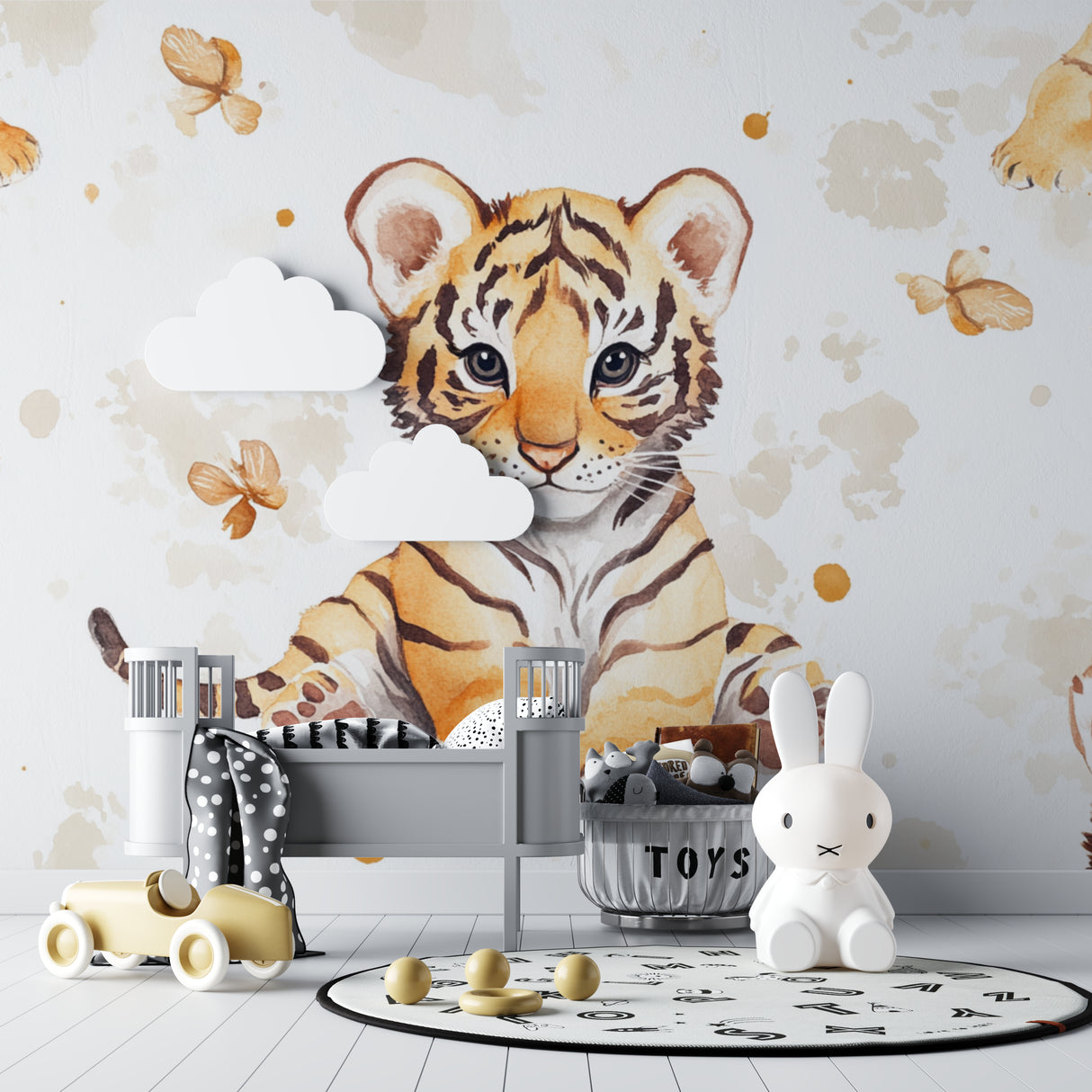 Baby tiger and butterflies mural in a modern playroom setting