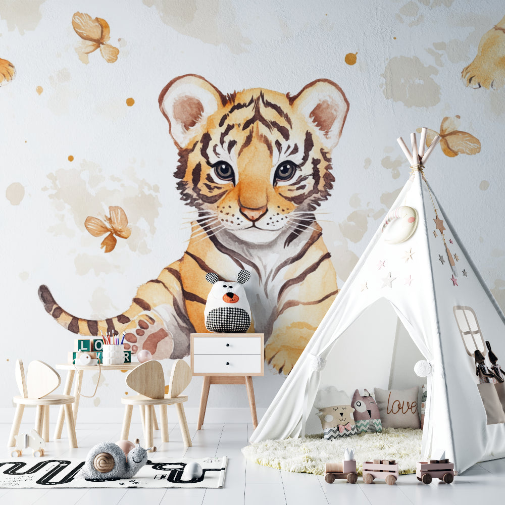 Sweet tiger cub wallpaper as feature wall behind a white crib