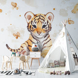 Sweet tiger cub wallpaper as feature wall behind a white crib