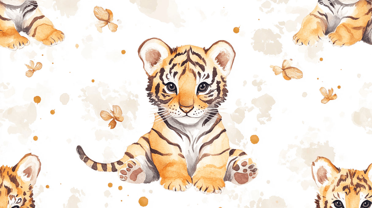 Tiger cub with butterflies wallpaper design file showing delicate watercolor details