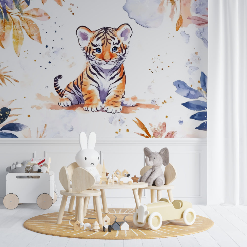 Baby Tiger Watercolor Wallpaper in bright nursery with white furniture and soft toys