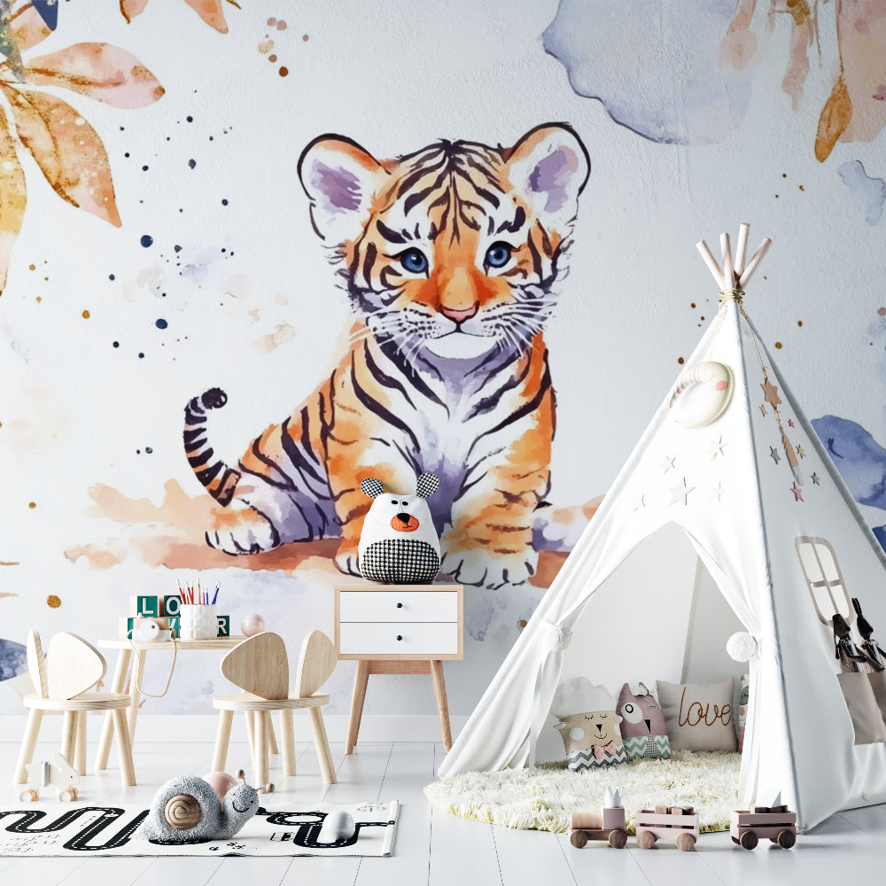 Baby Tiger Wall Mural in playroom with natural lighting