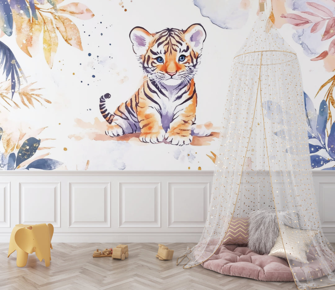 Tiger Watercolor Wallpaper in baby room with pastel decor