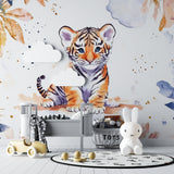 Watercolor Tiger Mural in child's bedroom with wooden furniture