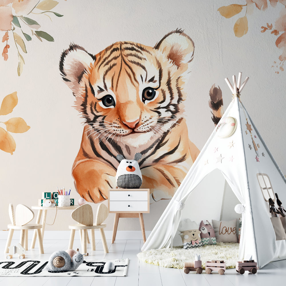Watercolor tiger mural in children's reading nook with cozy floor cushions