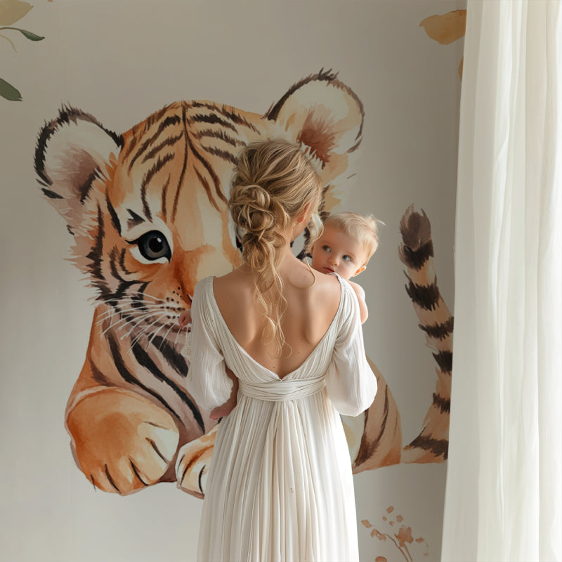 Baby tiger mural in neutral nursery with minimalist decor