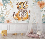 Baby tiger wall mural in modern playroom setting with natural light