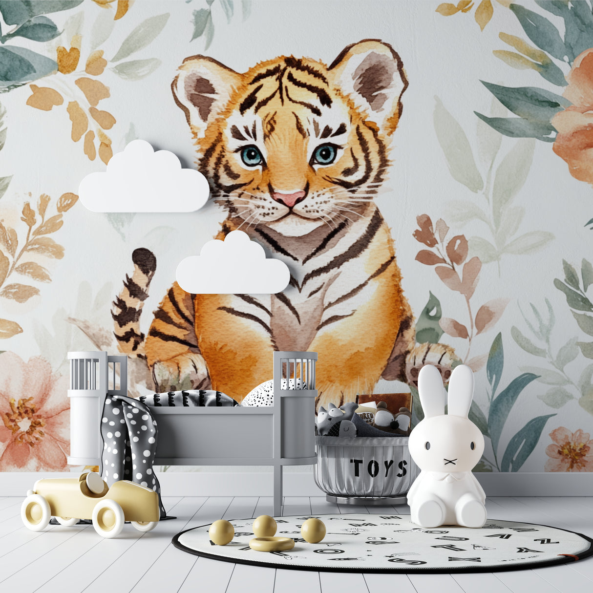 Watercolor tiger wallpaper creating focal point in children's bedroom