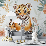 Watercolor tiger wallpaper creating focal point in children's bedroom