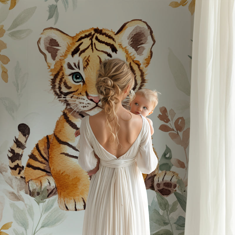 Tiger cub mural showcased in reading nook with comfortable seating