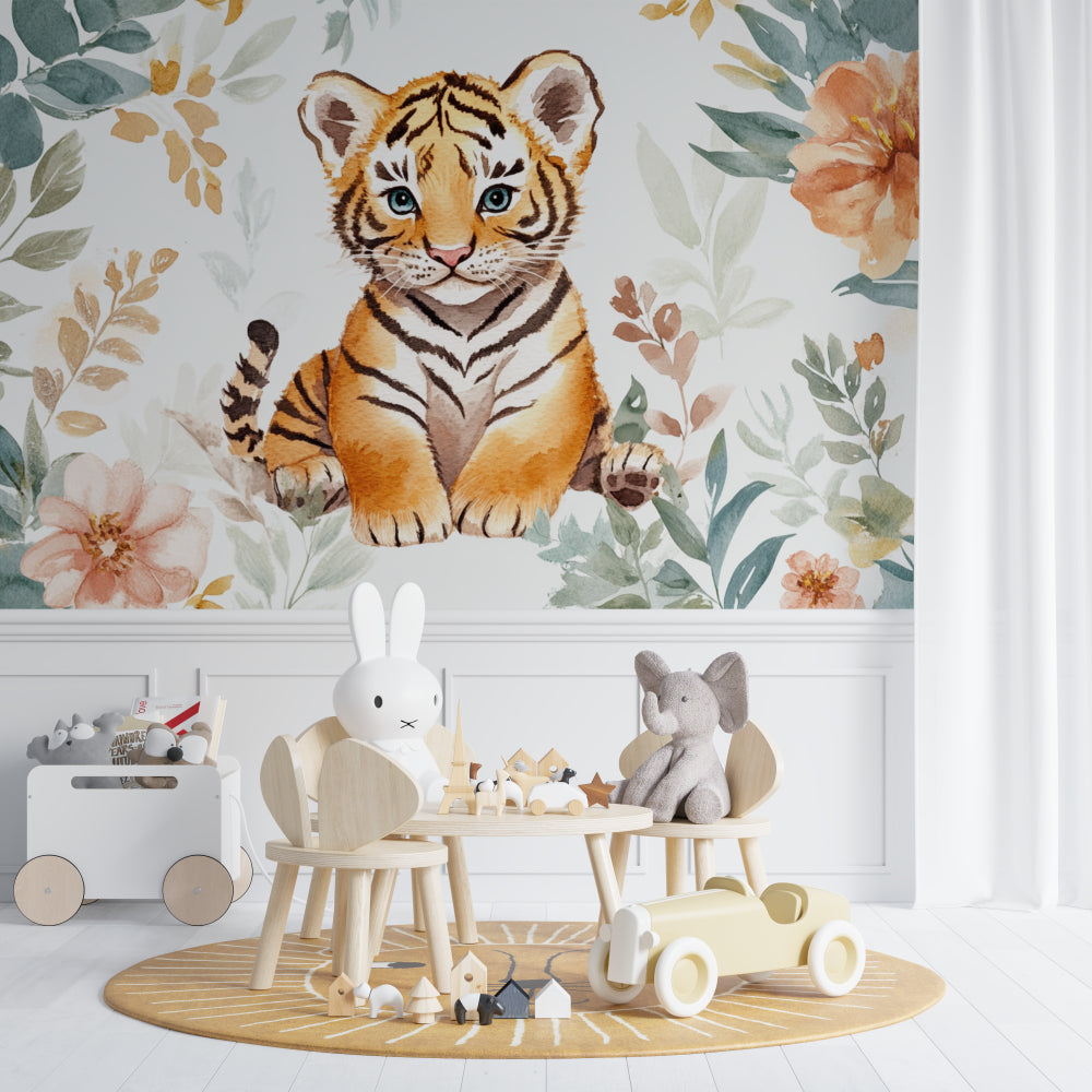 Baby tiger wallpaper styled in minimalist nursery with wooden elements