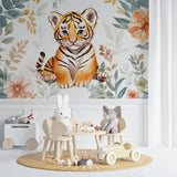 Baby tiger wallpaper styled in minimalist nursery with wooden elements
