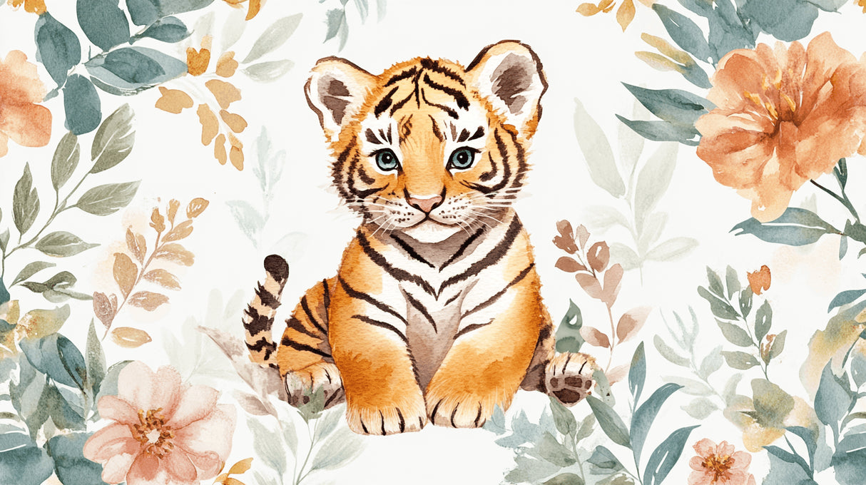 Watercolor baby tiger wallpaper design file showing detailed floral pattern and tiger illustration