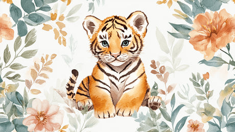 Watercolor baby tiger wallpaper design file showing detailed floral pattern and tiger illustration