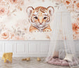 Tiger wallpaper mural showcased in a bright nursery with white furniture and natural light