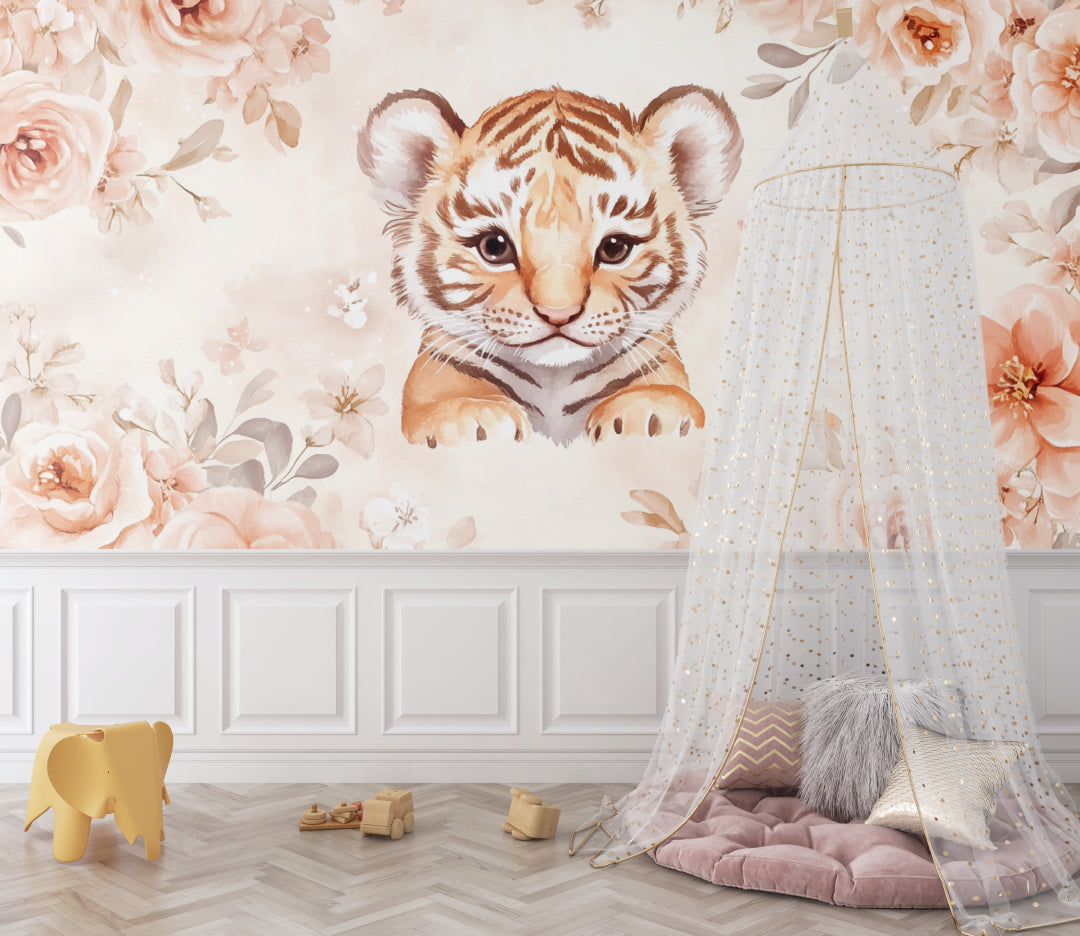 Tiger wallpaper mural showcased in a bright nursery with white furniture and natural light