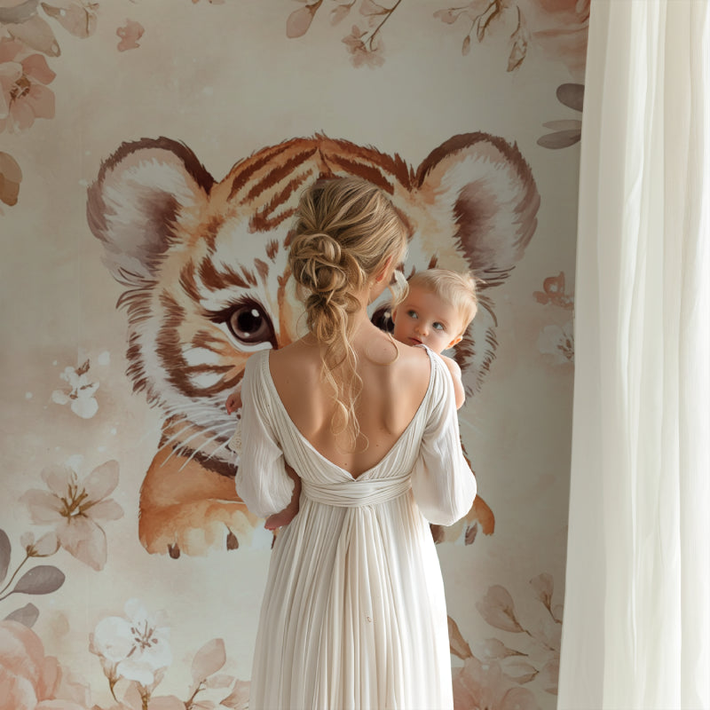 Baby tiger wallpaper creating a focal point in a modern children's playroom