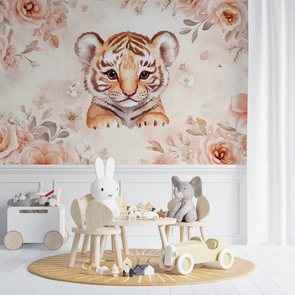 Watercolor tiger mural displayed in a feminine bedroom with pink accents
