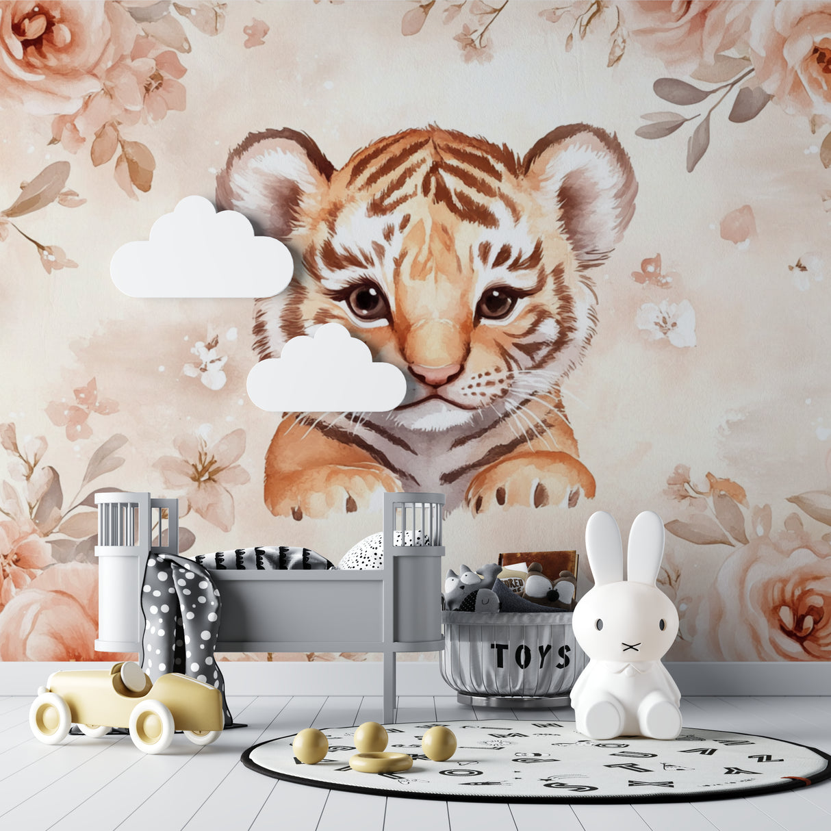 Floral tiger wallpaper featured in a cozy reading nook with soft lighting