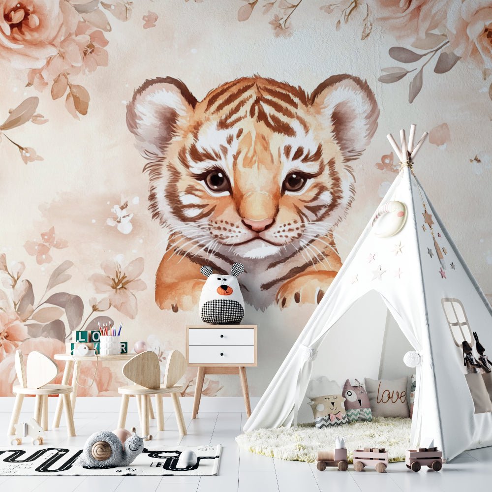 Tiger and rose wallpaper transforming a modern nursery with golden accents