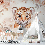 Tiger and rose wallpaper transforming a modern nursery with golden accents