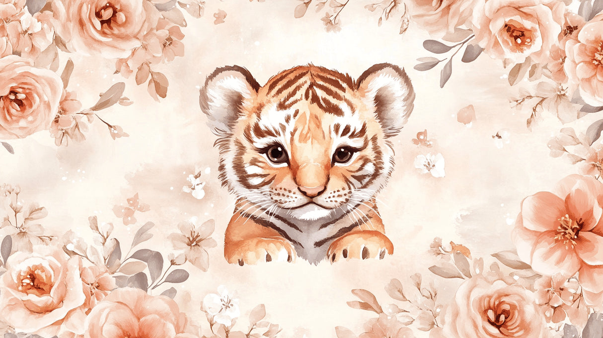 Baby tiger and peach roses design file showing intricate watercolor details and pattern layout