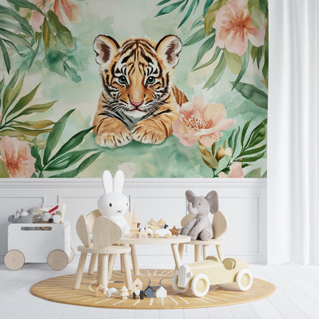Tiger wallpaper mural in bright modern nursery with white furniture and natural light