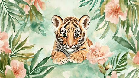 Tiger watercolor wallpaper design file showing detailed floral pattern and gentle pastel tones