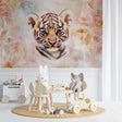 Tiger cub wallpaper in bright modern nursery with white furniture and natural light