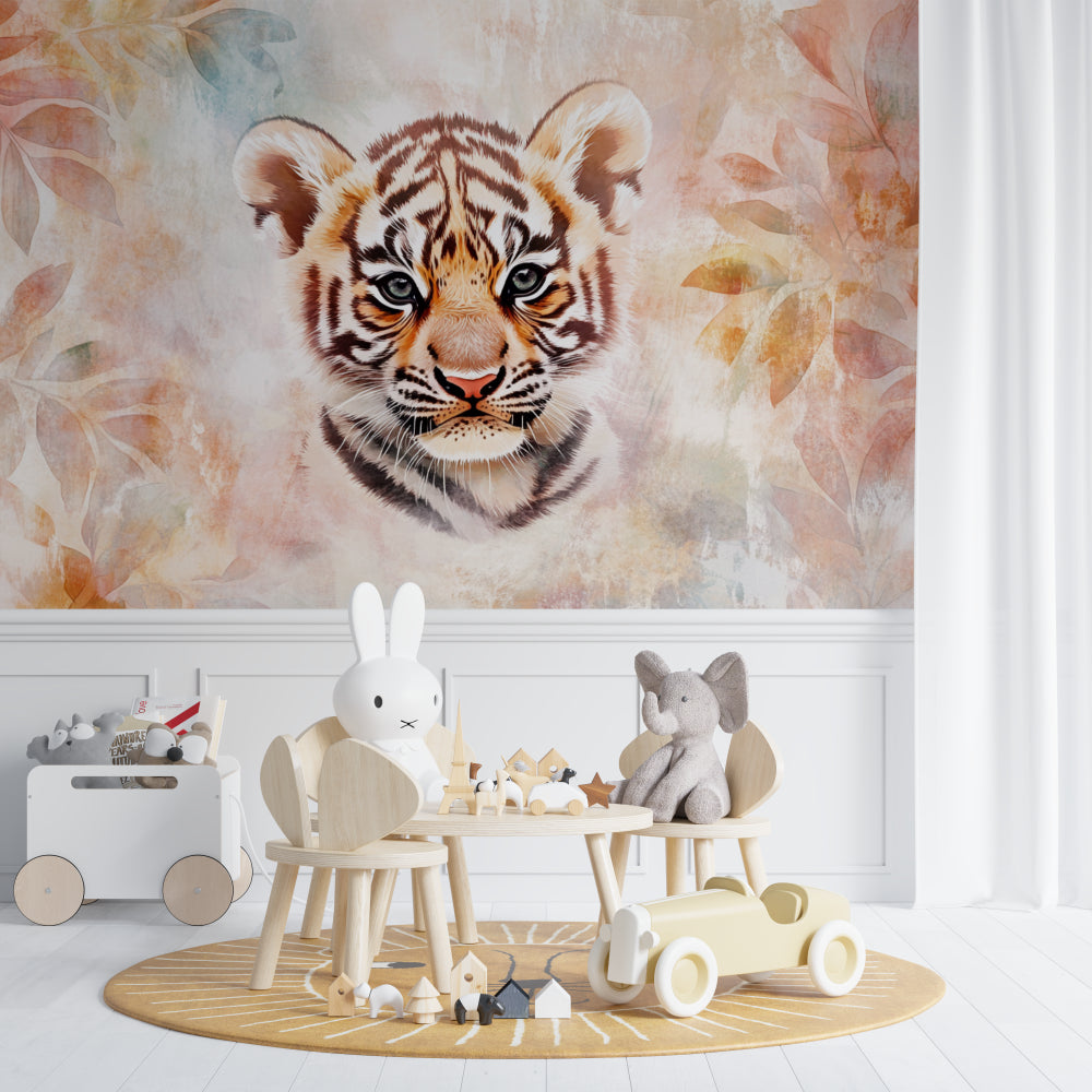Tiger cub wallpaper in bright modern nursery with white furniture and natural light