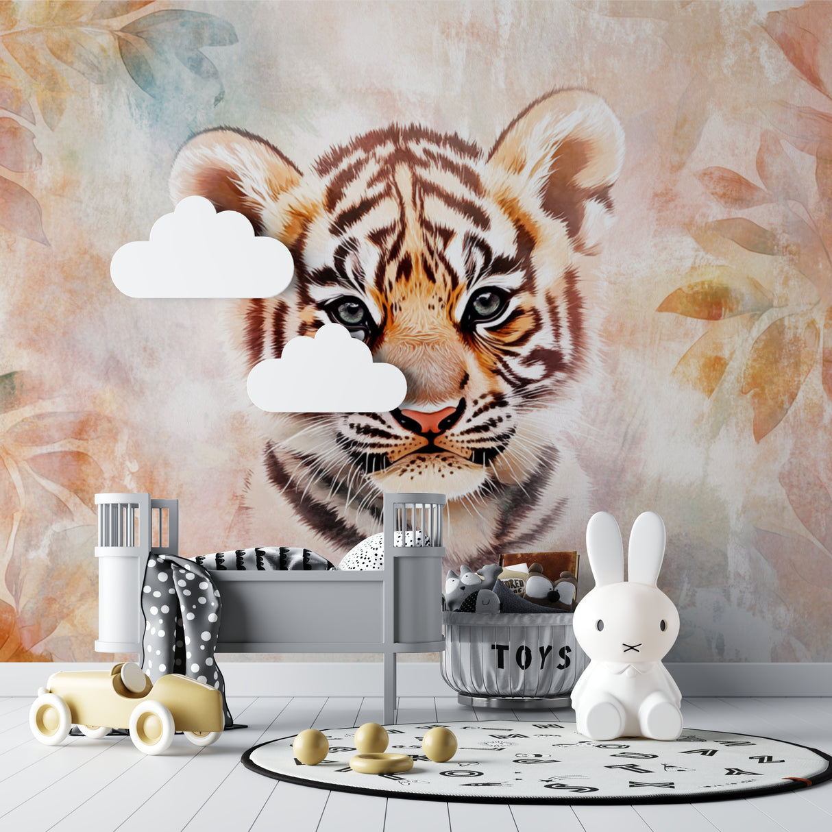 Watercolor tiger mural in cozy children's reading nook with floor cushions