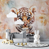 Watercolor tiger mural in cozy children's reading nook with floor cushions