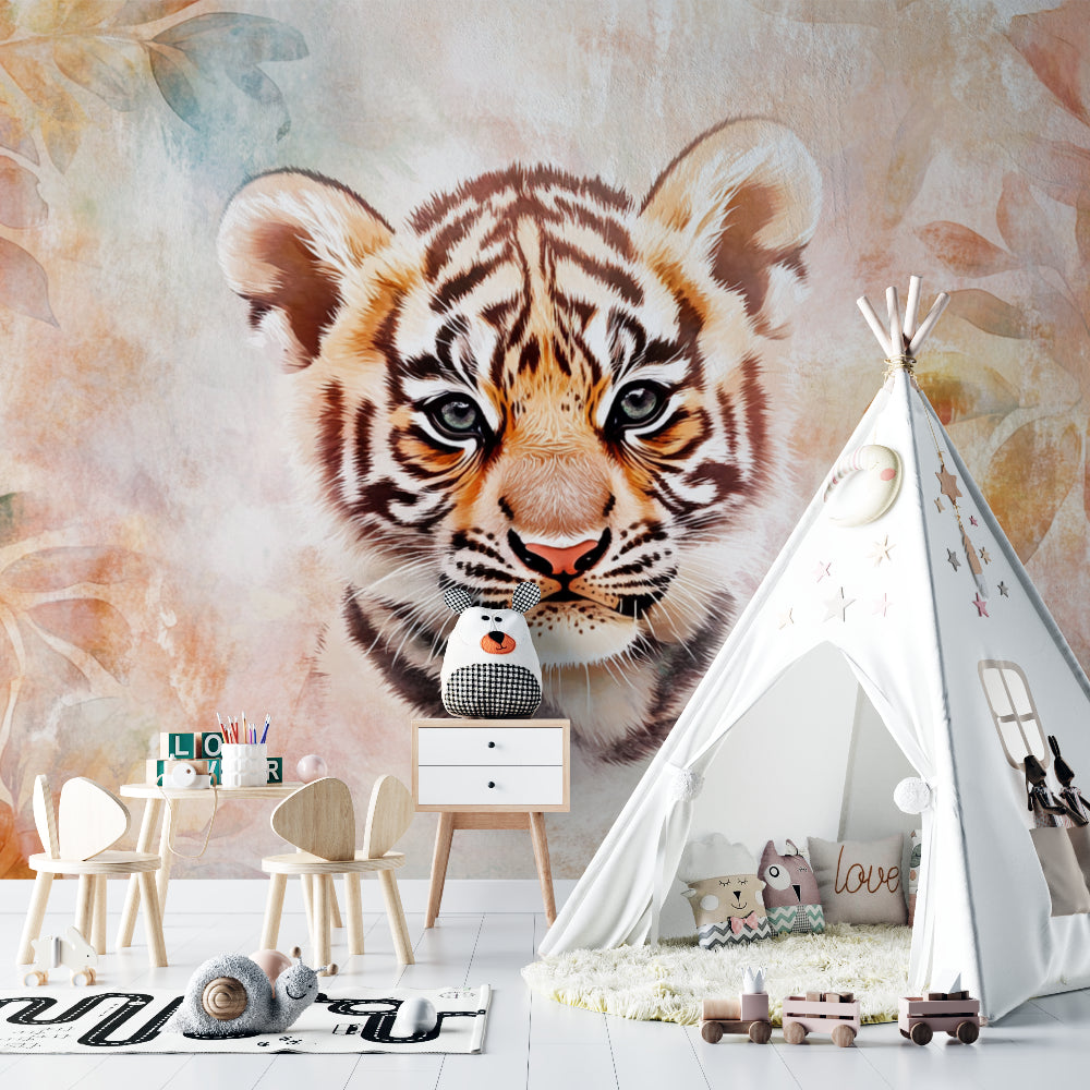Baby tiger wall design in playroom showing scale and soft color palette