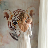 Tiger cub wallpaper creating focal point in minimal bedroom setting