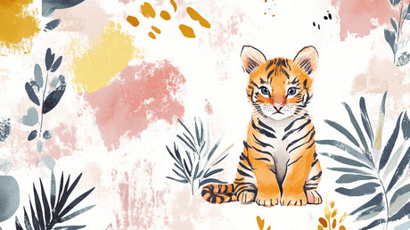 Tiger wallpaper design file showing full pattern with watercolor effects and golden abstract elements