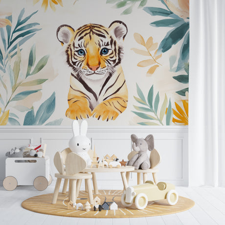 Tiger wallpaper mural in modern nursery with soft lighting showing watercolor design