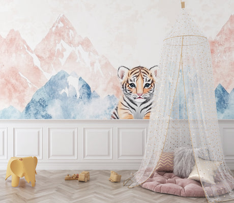 Tiger baby wallpaper in modern nursery with white furniture showing soft pink and blue mountain design