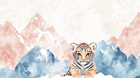 Design file of baby tiger with pink and blue watercolor mountains pattern