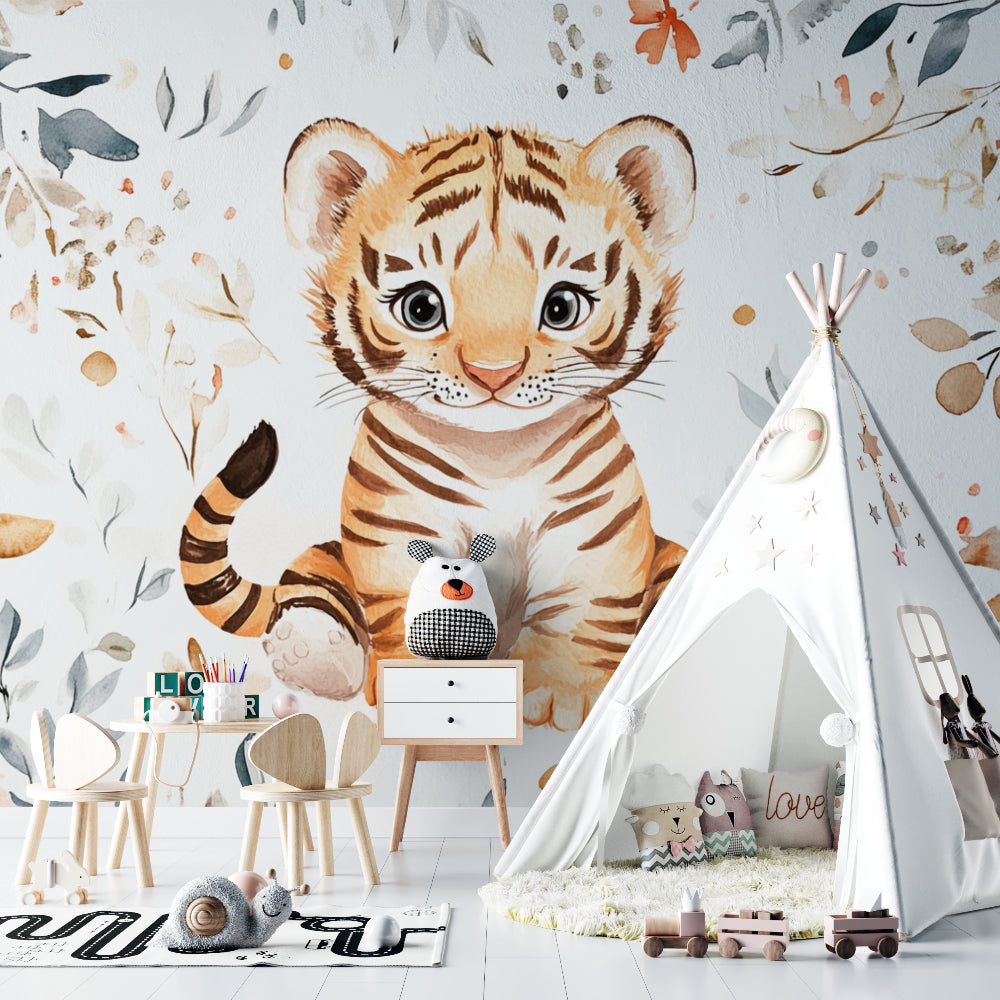 Watercolor Tiger Nursery Wallpaper creating a cozy atmosphere in a modern white nursery with wooden furniture