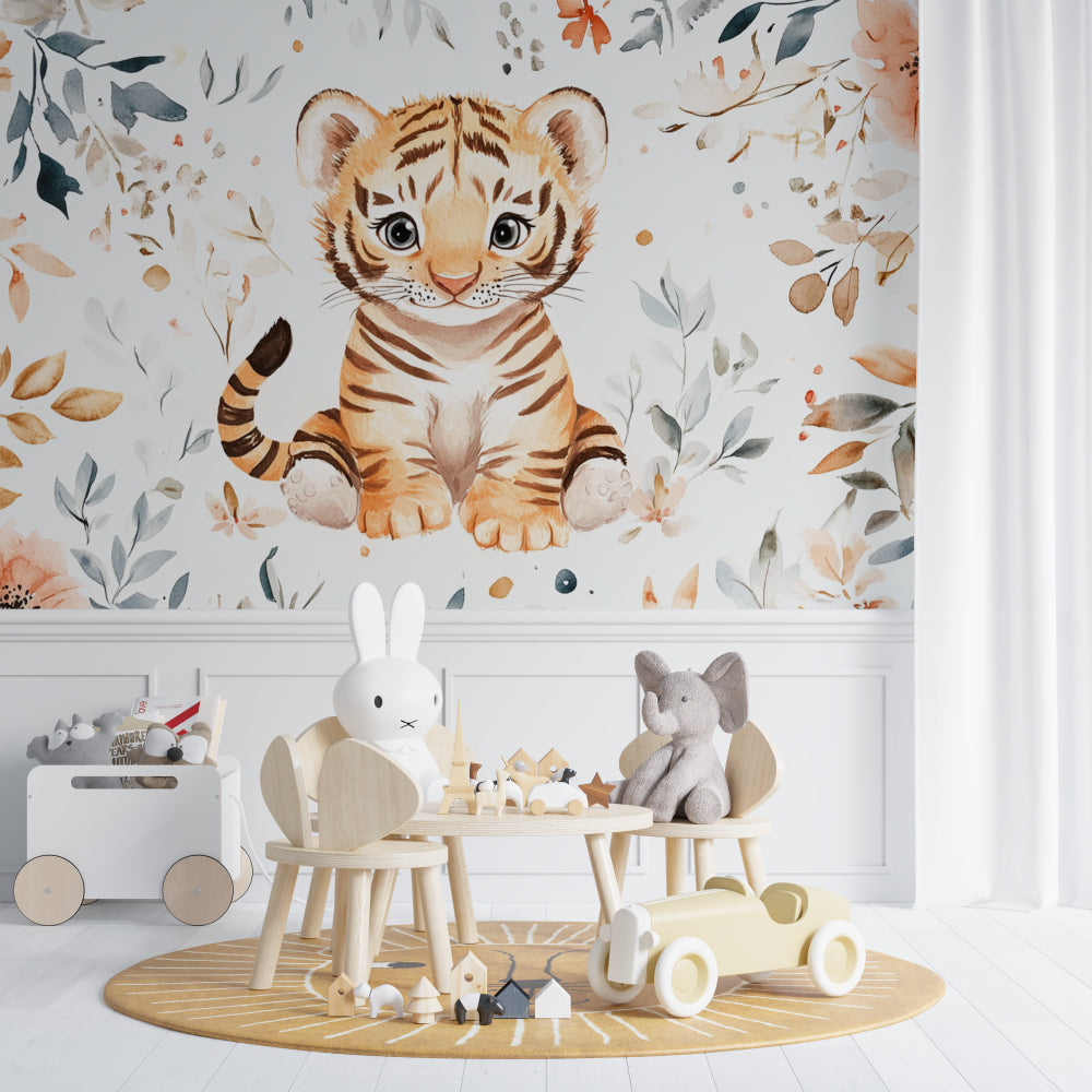 Watercolor Tiger Wall Mural brightening a gender-neutral nursery with pastel accents