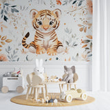 Watercolor Tiger Wall Mural brightening a gender-neutral nursery with pastel accents