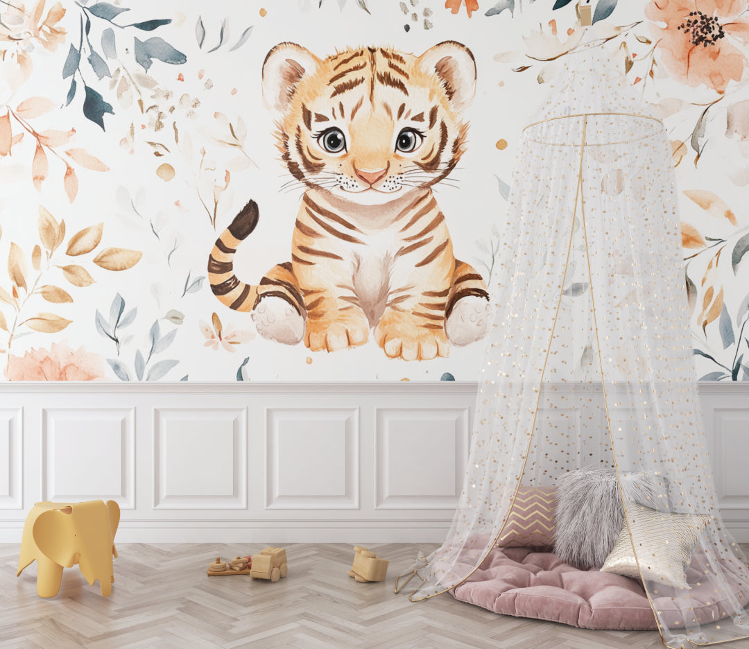 Tiger Nursery Wallpaper displayed in a minimalist children's bedroom with natural light